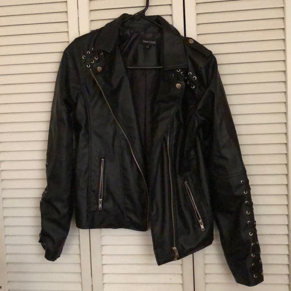 Black leather jacket with crisscrossing sleeves